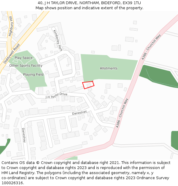 40, J H TAYLOR DRIVE, NORTHAM, BIDEFORD, EX39 1TU: Location map and indicative extent of plot
