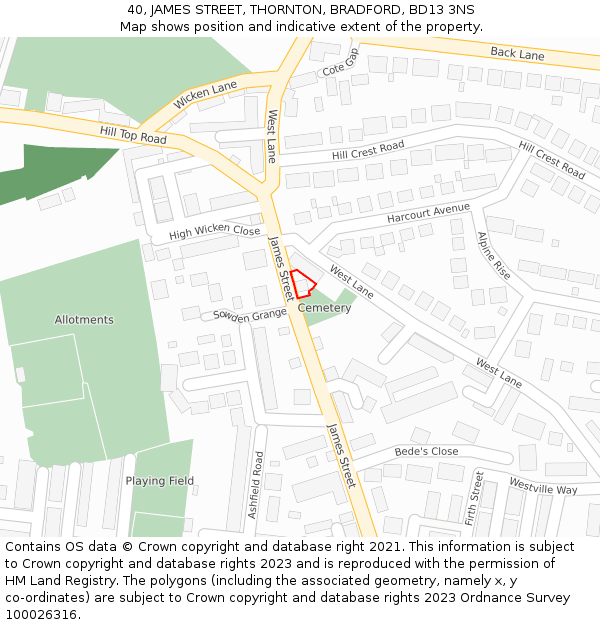 40, JAMES STREET, THORNTON, BRADFORD, BD13 3NS: Location map and indicative extent of plot