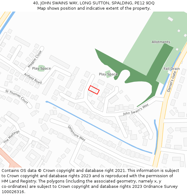 40, JOHN SWAINS WAY, LONG SUTTON, SPALDING, PE12 9DQ: Location map and indicative extent of plot