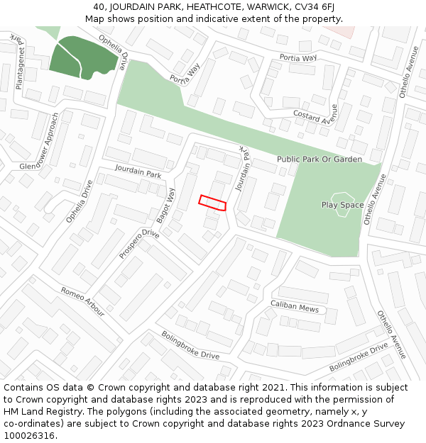 40, JOURDAIN PARK, HEATHCOTE, WARWICK, CV34 6FJ: Location map and indicative extent of plot