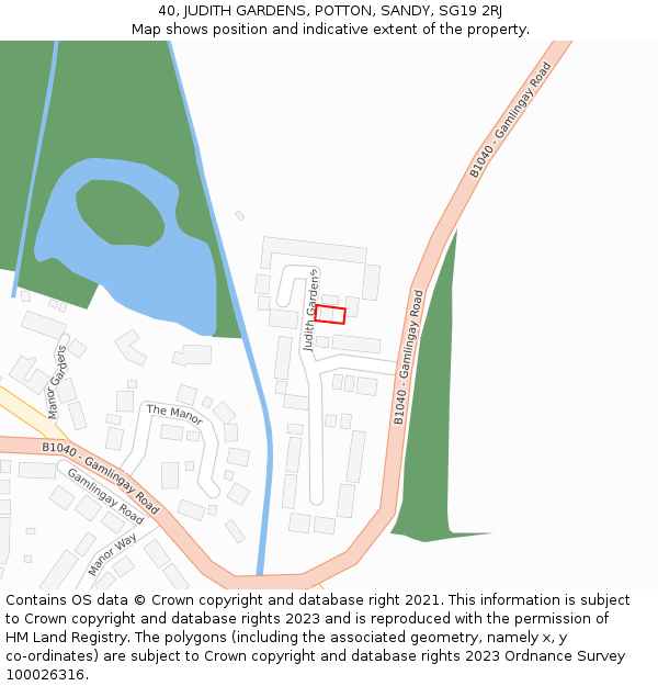 40, JUDITH GARDENS, POTTON, SANDY, SG19 2RJ: Location map and indicative extent of plot