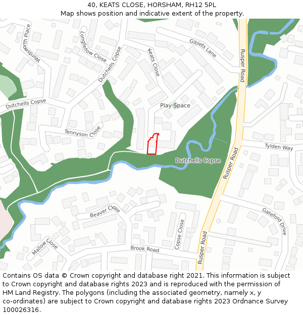 40, KEATS CLOSE, HORSHAM, RH12 5PL: Location map and indicative extent of plot