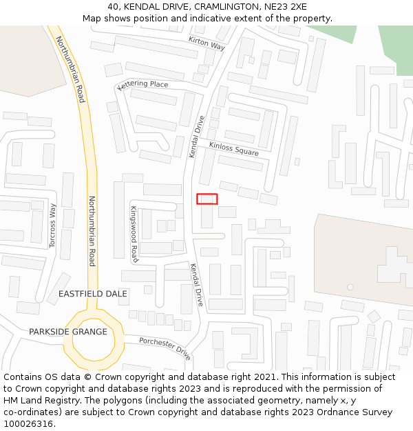 40, KENDAL DRIVE, CRAMLINGTON, NE23 2XE: Location map and indicative extent of plot