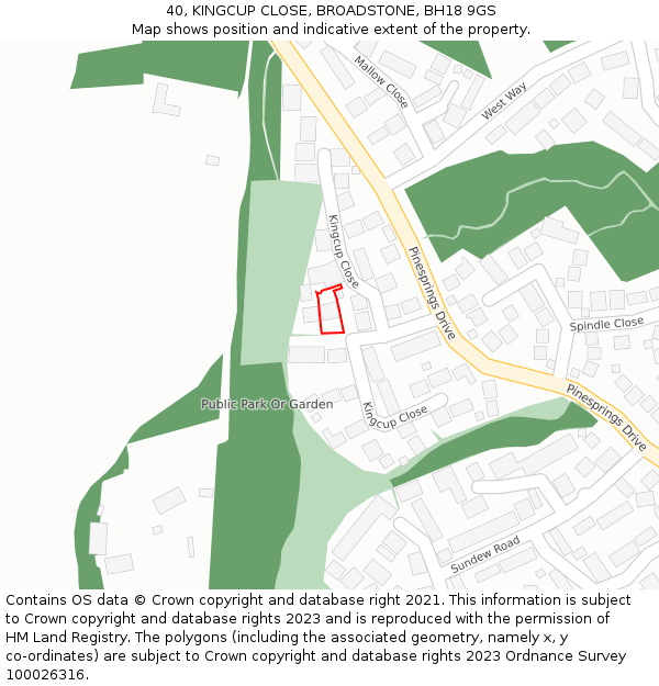 40, KINGCUP CLOSE, BROADSTONE, BH18 9GS: Location map and indicative extent of plot