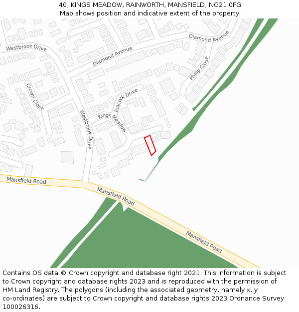 40, KINGS MEADOW, RAINWORTH, MANSFIELD, NG21 0FG: Location map and indicative extent of plot