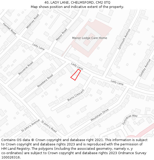 40, LADY LANE, CHELMSFORD, CM2 0TQ: Location map and indicative extent of plot