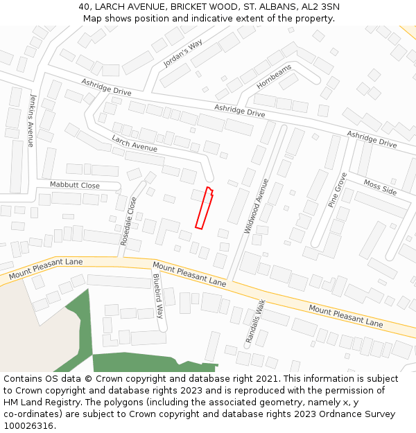 40, LARCH AVENUE, BRICKET WOOD, ST. ALBANS, AL2 3SN: Location map and indicative extent of plot