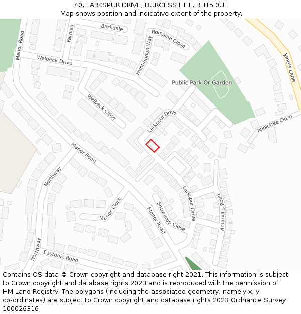 40, LARKSPUR DRIVE, BURGESS HILL, RH15 0UL: Location map and indicative extent of plot