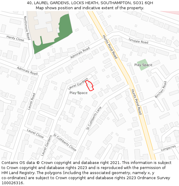 40, LAUREL GARDENS, LOCKS HEATH, SOUTHAMPTON, SO31 6QH: Location map and indicative extent of plot