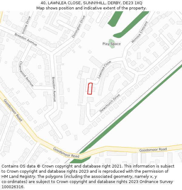 40, LAWNLEA CLOSE, SUNNYHILL, DERBY, DE23 1XQ: Location map and indicative extent of plot