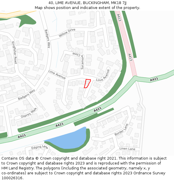 40, LIME AVENUE, BUCKINGHAM, MK18 7JJ: Location map and indicative extent of plot