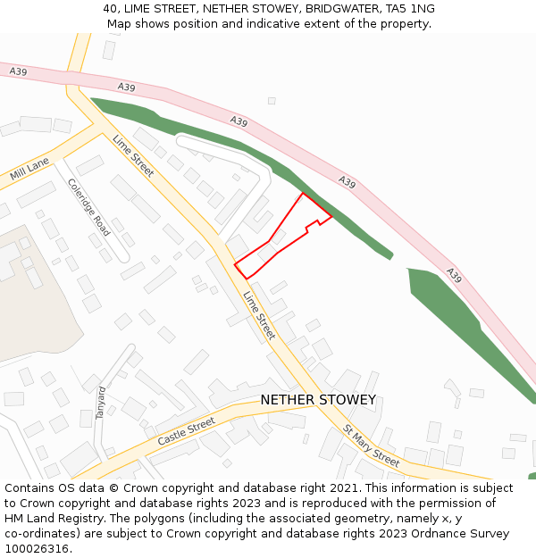 40, LIME STREET, NETHER STOWEY, BRIDGWATER, TA5 1NG: Location map and indicative extent of plot