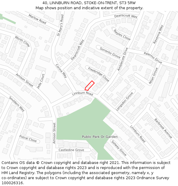 40, LINNBURN ROAD, STOKE-ON-TRENT, ST3 5RW: Location map and indicative extent of plot