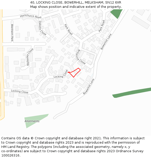 40, LOCKING CLOSE, BOWERHILL, MELKSHAM, SN12 6XR: Location map and indicative extent of plot