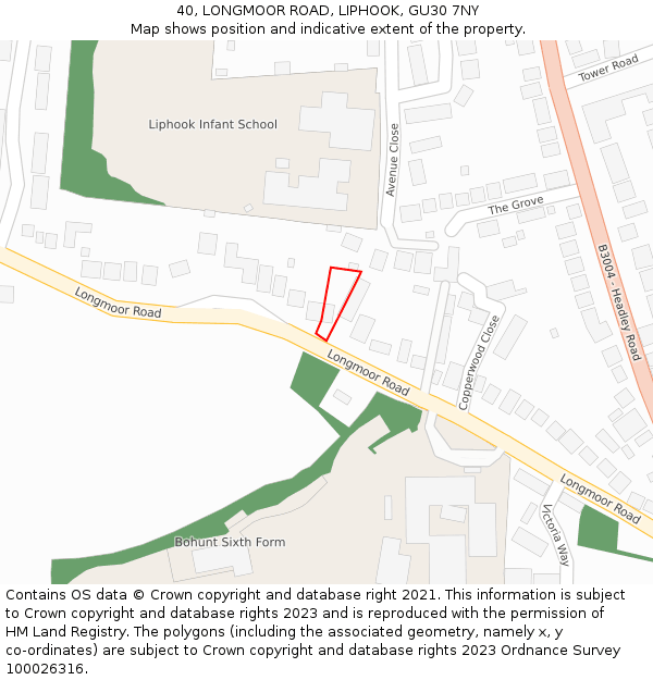 40, LONGMOOR ROAD, LIPHOOK, GU30 7NY: Location map and indicative extent of plot