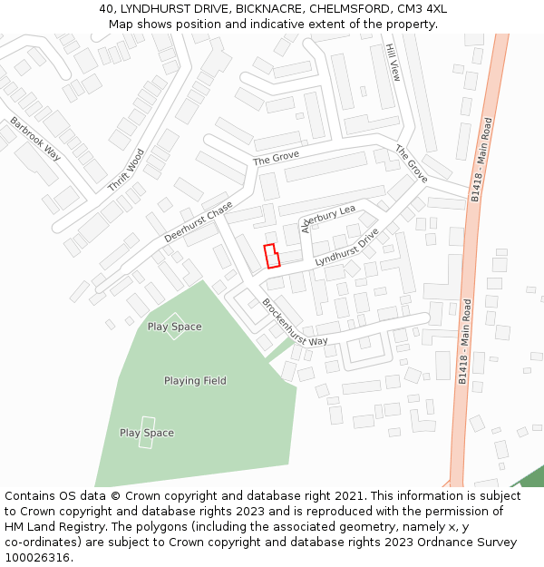 40, LYNDHURST DRIVE, BICKNACRE, CHELMSFORD, CM3 4XL: Location map and indicative extent of plot