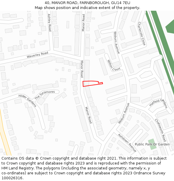 40, MANOR ROAD, FARNBOROUGH, GU14 7EU: Location map and indicative extent of plot