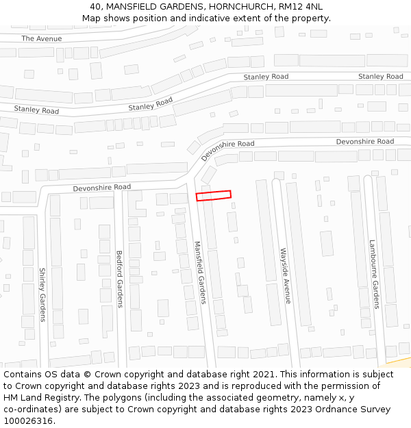 40, MANSFIELD GARDENS, HORNCHURCH, RM12 4NL: Location map and indicative extent of plot