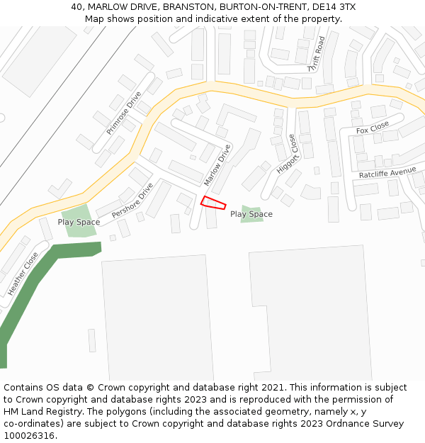 40, MARLOW DRIVE, BRANSTON, BURTON-ON-TRENT, DE14 3TX: Location map and indicative extent of plot