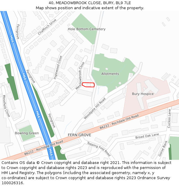 40, MEADOWBROOK CLOSE, BURY, BL9 7LE: Location map and indicative extent of plot