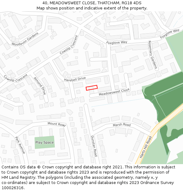40, MEADOWSWEET CLOSE, THATCHAM, RG18 4DS: Location map and indicative extent of plot