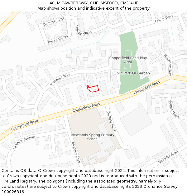 40, MICAWBER WAY, CHELMSFORD, CM1 4UE: Location map and indicative extent of plot