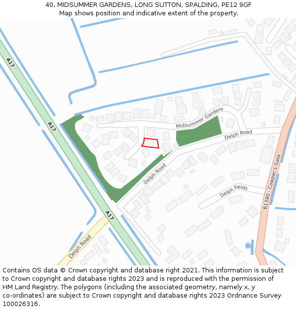 40, MIDSUMMER GARDENS, LONG SUTTON, SPALDING, PE12 9GF: Location map and indicative extent of plot
