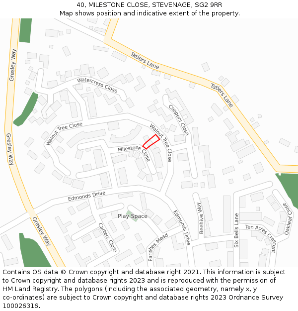 40, MILESTONE CLOSE, STEVENAGE, SG2 9RR: Location map and indicative extent of plot