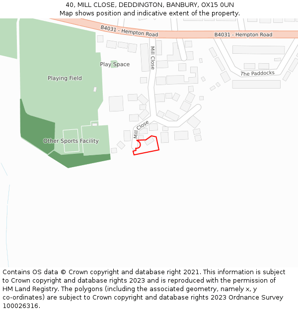 40, MILL CLOSE, DEDDINGTON, BANBURY, OX15 0UN: Location map and indicative extent of plot