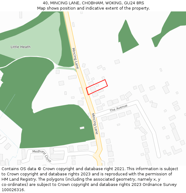 40, MINCING LANE, CHOBHAM, WOKING, GU24 8RS: Location map and indicative extent of plot