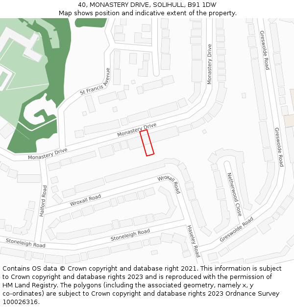 40, MONASTERY DRIVE, SOLIHULL, B91 1DW: Location map and indicative extent of plot
