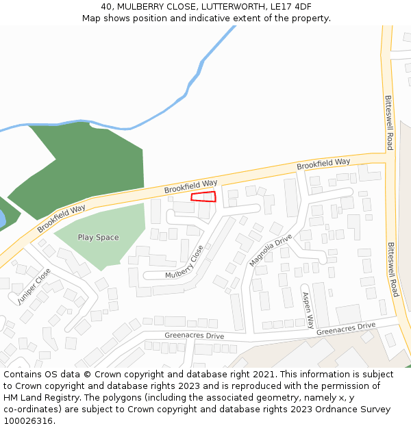 40, MULBERRY CLOSE, LUTTERWORTH, LE17 4DF: Location map and indicative extent of plot