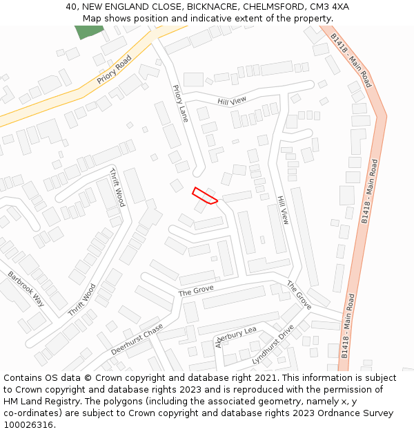 40, NEW ENGLAND CLOSE, BICKNACRE, CHELMSFORD, CM3 4XA: Location map and indicative extent of plot
