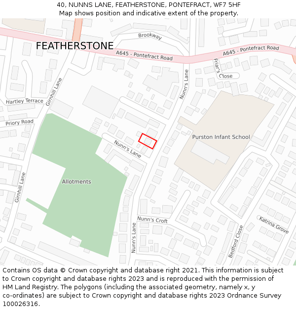 40, NUNNS LANE, FEATHERSTONE, PONTEFRACT, WF7 5HF: Location map and indicative extent of plot