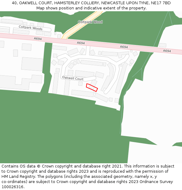 40, OAKWELL COURT, HAMSTERLEY COLLIERY, NEWCASTLE UPON TYNE, NE17 7BD: Location map and indicative extent of plot