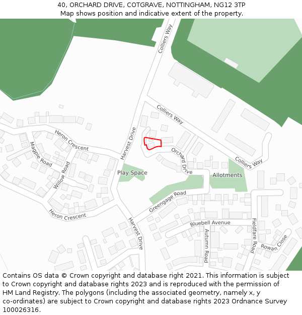 40, ORCHARD DRIVE, COTGRAVE, NOTTINGHAM, NG12 3TP: Location map and indicative extent of plot