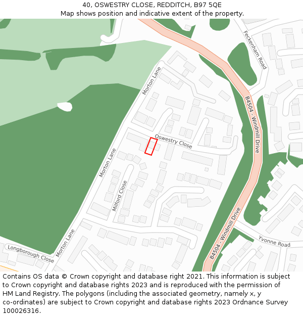 40, OSWESTRY CLOSE, REDDITCH, B97 5QE: Location map and indicative extent of plot