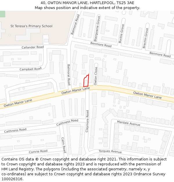 40, OWTON MANOR LANE, HARTLEPOOL, TS25 3AE: Location map and indicative extent of plot