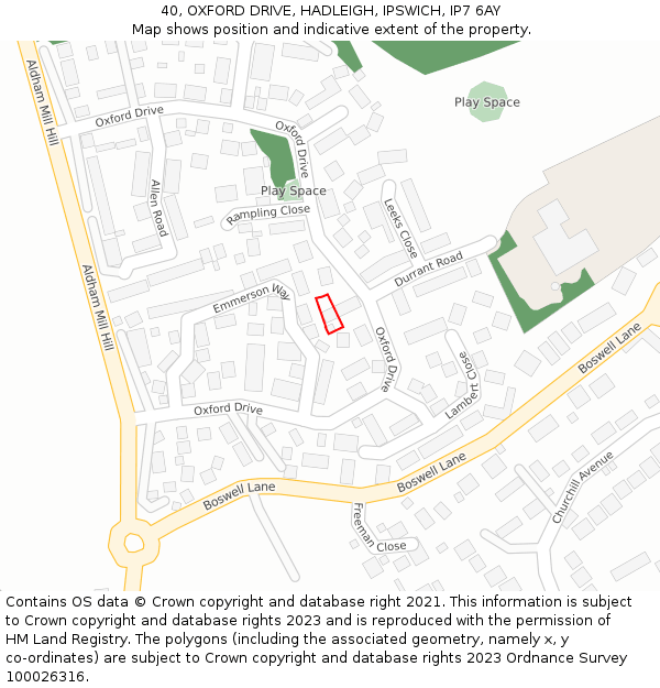 40, OXFORD DRIVE, HADLEIGH, IPSWICH, IP7 6AY: Location map and indicative extent of plot