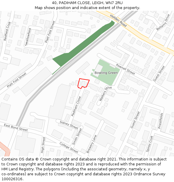 40, PADIHAM CLOSE, LEIGH, WN7 2RU: Location map and indicative extent of plot