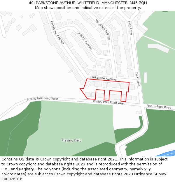 40, PARKSTONE AVENUE, WHITEFIELD, MANCHESTER, M45 7QH: Location map and indicative extent of plot