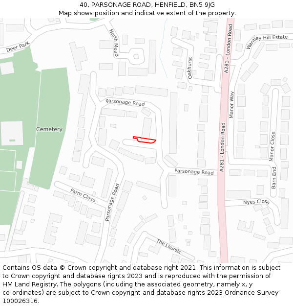 40, PARSONAGE ROAD, HENFIELD, BN5 9JG: Location map and indicative extent of plot