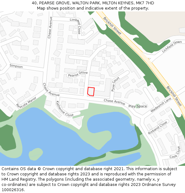 40, PEARSE GROVE, WALTON PARK, MILTON KEYNES, MK7 7HD: Location map and indicative extent of plot