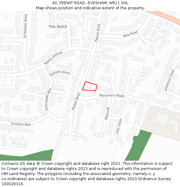 40, PEEWIT ROAD, EVESHAM, WR11 2NL: Location map and indicative extent of plot