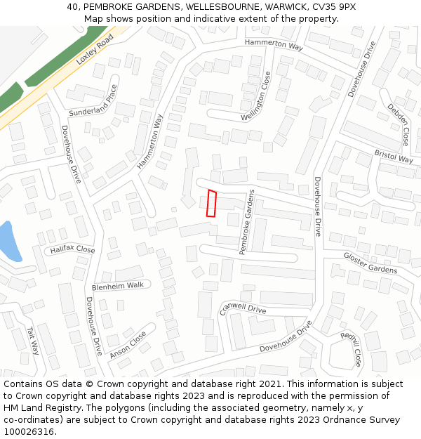 40, PEMBROKE GARDENS, WELLESBOURNE, WARWICK, CV35 9PX: Location map and indicative extent of plot