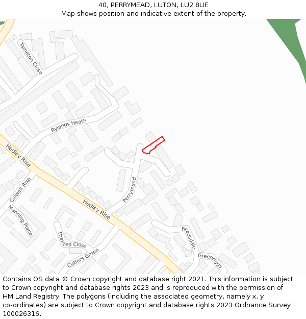 40, PERRYMEAD, LUTON, LU2 8UE: Location map and indicative extent of plot