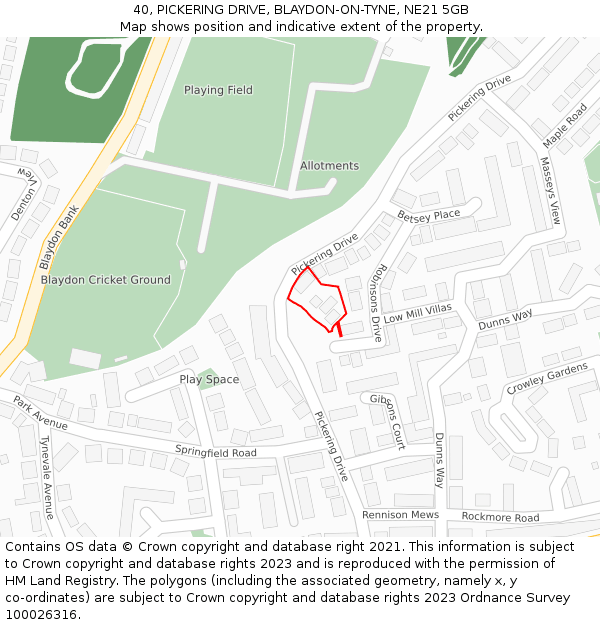40, PICKERING DRIVE, BLAYDON-ON-TYNE, NE21 5GB: Location map and indicative extent of plot