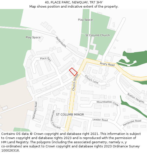 40, PLACE PARC, NEWQUAY, TR7 3HY: Location map and indicative extent of plot
