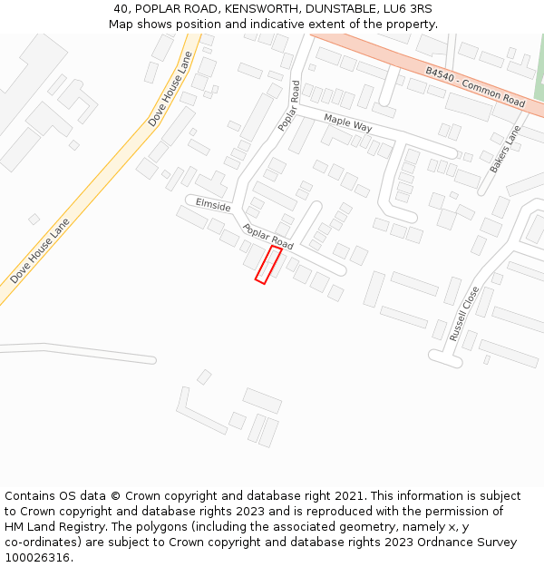 40, POPLAR ROAD, KENSWORTH, DUNSTABLE, LU6 3RS: Location map and indicative extent of plot