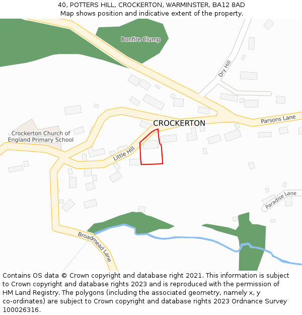 40, POTTERS HILL, CROCKERTON, WARMINSTER, BA12 8AD: Location map and indicative extent of plot